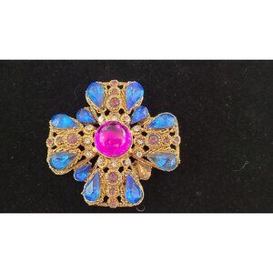 Vintage Austrian Maltese Cross Brooch Fuchsia Pink Foiled Cabochon Blue Crystals